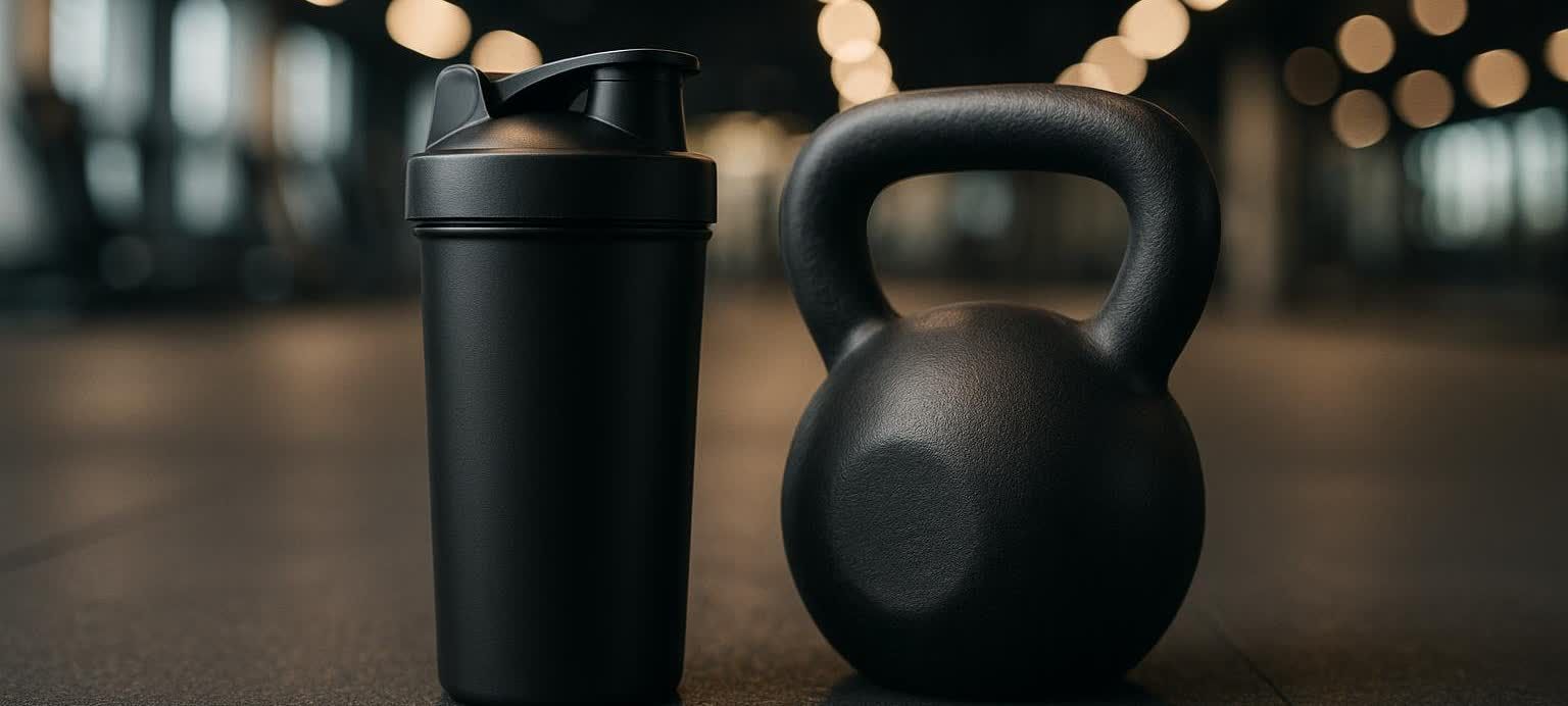A black shaker bottle and a black kettlebell sit next to each other on a dark gym floor. In the blurred background, several bright, circular lights are visible.