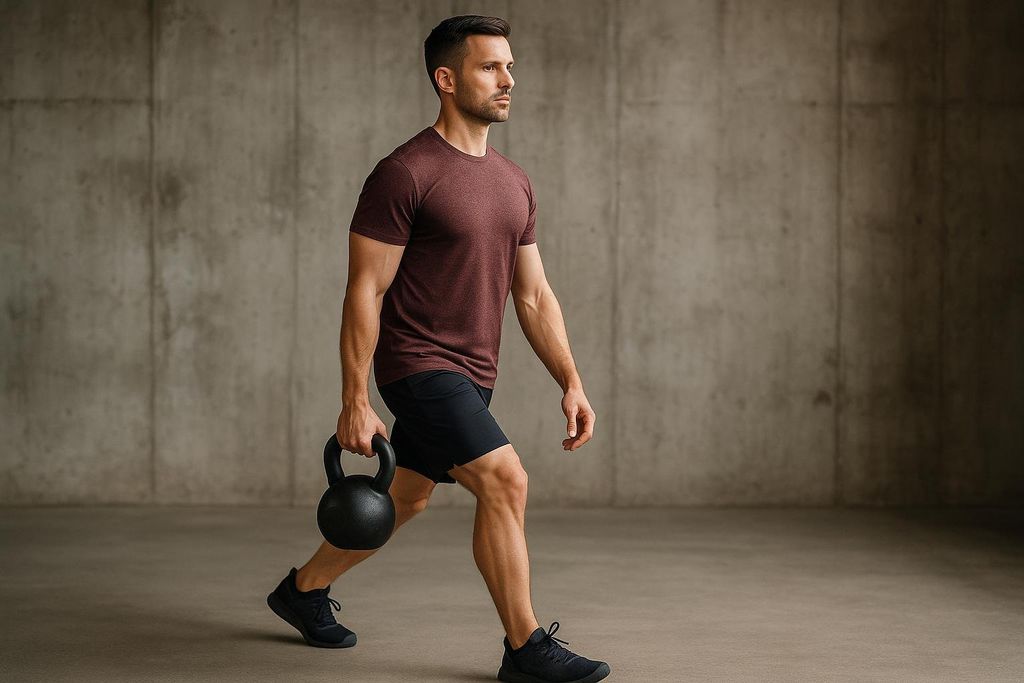 A man with excellent posture performs a suitcase carry using a black kettlebell in his right hand. He is wearing a maroon t-shirt, black shorts, and black athletic shoes, walking on a concrete floor with a concrete wall in the background.