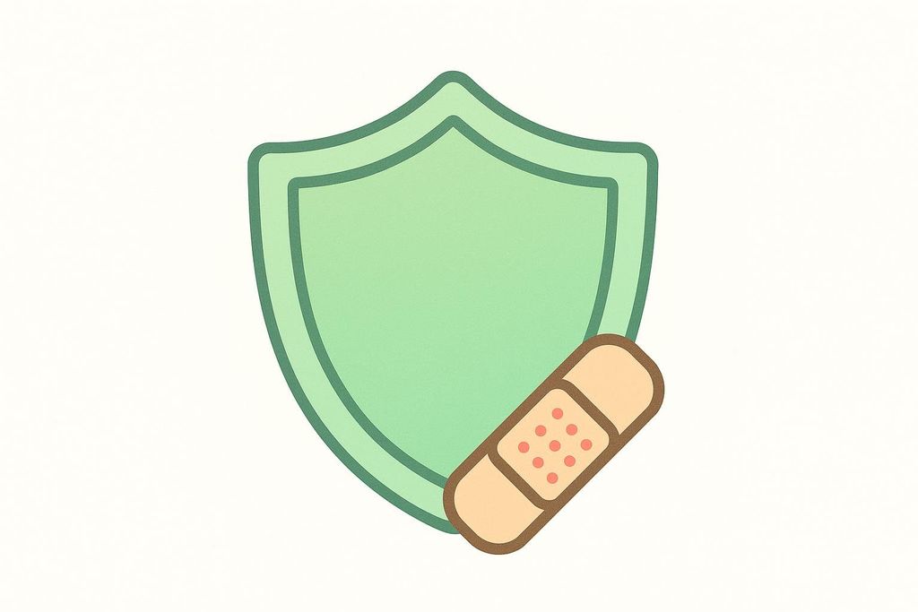 An illustration of a light green shield with a beige band-aid featuring red dots, suggesting concepts of safety and minor side effects, possibly related to vaccination or health protection.