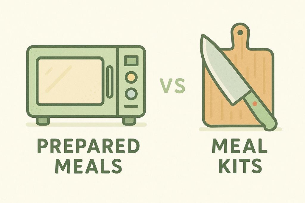 An illustration comparing prepared meals and meal kits. On the left, a microwave icon is depicted above the text 'PREPARED MEALS'. On the right, a cutting board with a knife icon is shown above the text 'MEAL KITS'. A 'VS' is placed between the two icons.