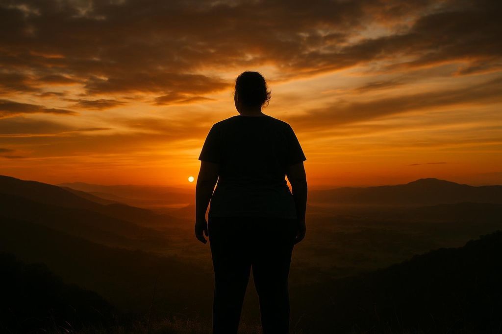 A silhouetted person stands on a mountaintop, facing away from the camera, and gazes at a vibrant orange and yellow sunset over rolling hills.