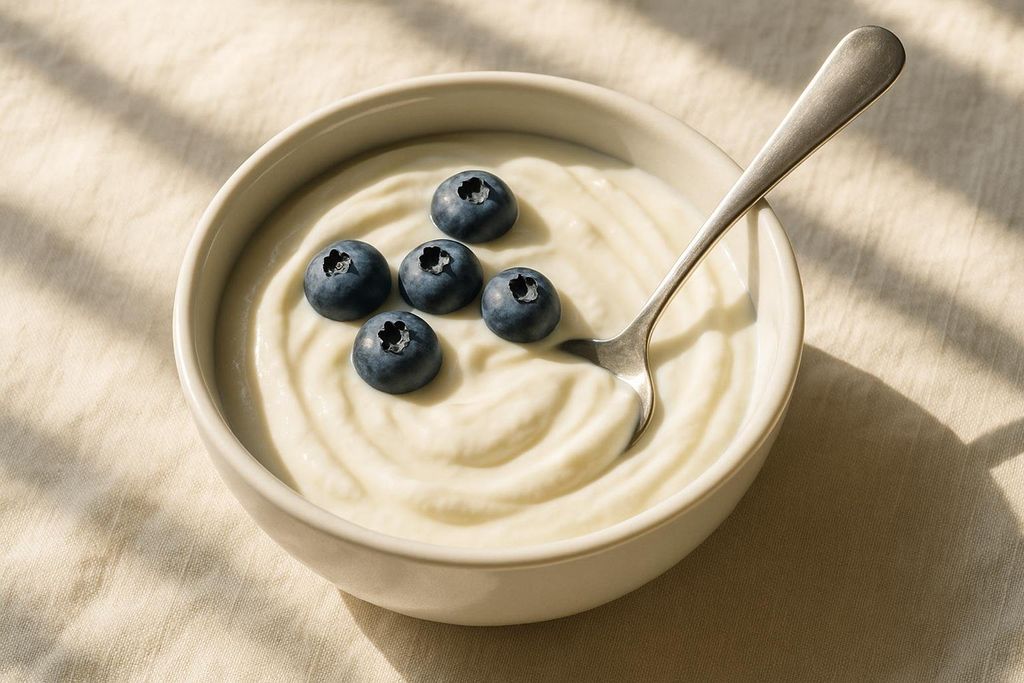 A white bowl containing creamy Greek yogurt, topped with five fresh blueberries. A silver spoon is resting in the bowl, glistening in the sunlight, creating subtle shadows on the light-colored fabric beneath.