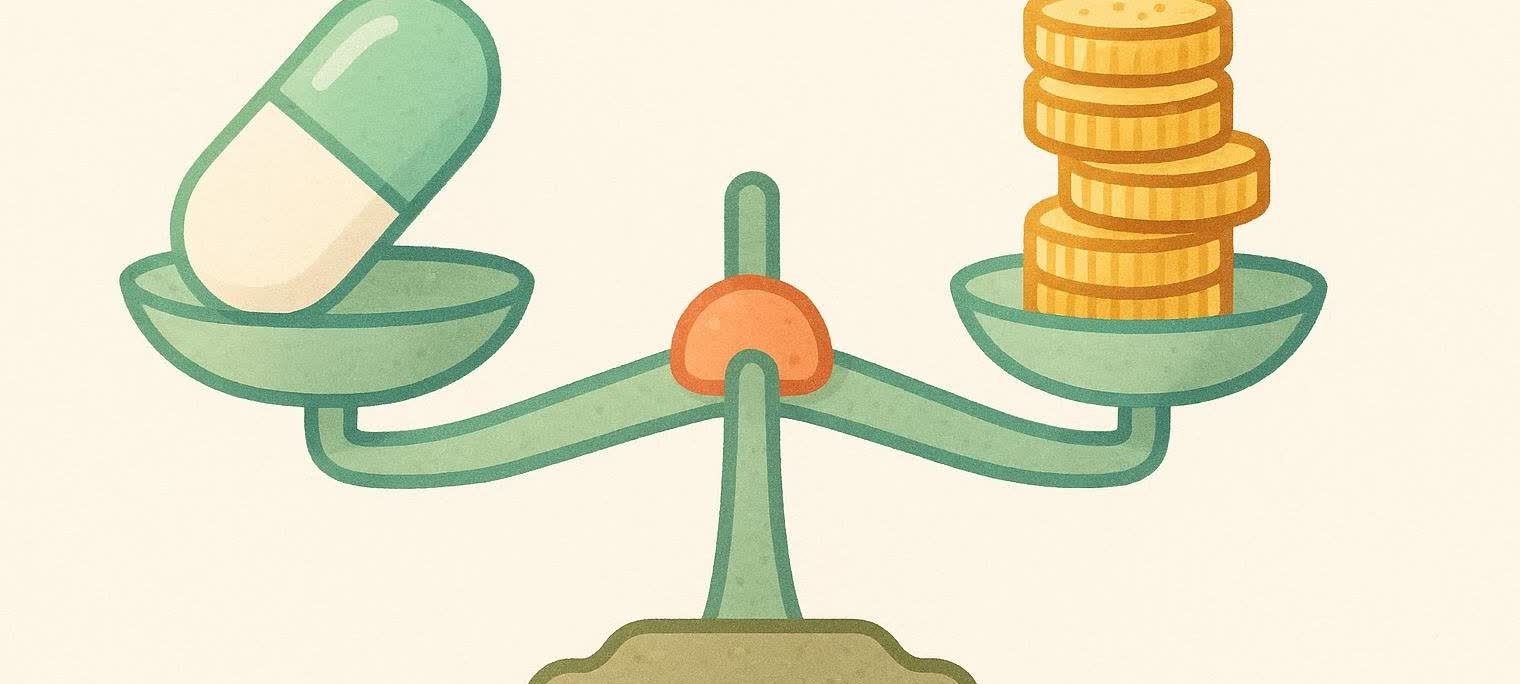 An illustration depicting a green and white pill balanced on one side of a scale, while a stack of gold coins rests on the other side. The scale is perfectly balanced.