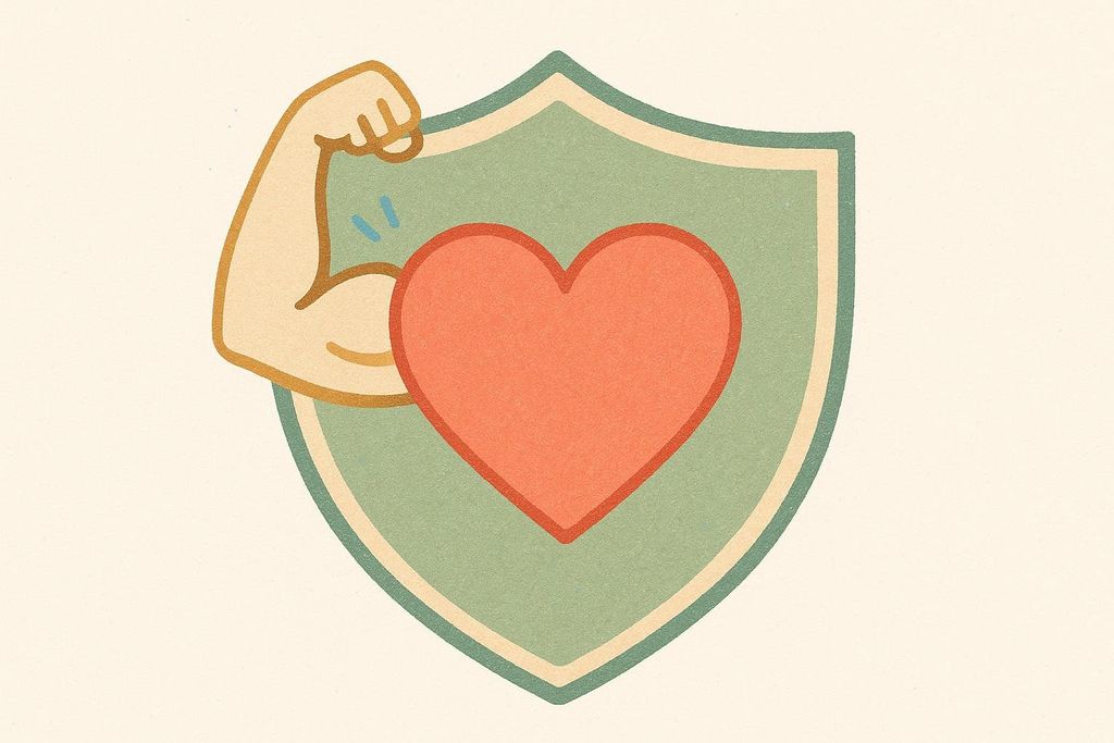An illustration showing a strong, muscular arm flexing next to an orange heart, both contained within a green shield with a light beige border. The image conceptually links strength to cardiovascular health and protection.