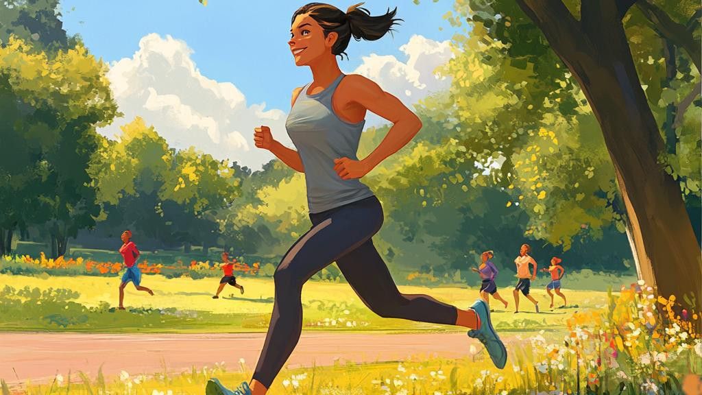 A woman in a gray tank top and black leggings is running with a smile through a park filled with trees and other runners in the background.