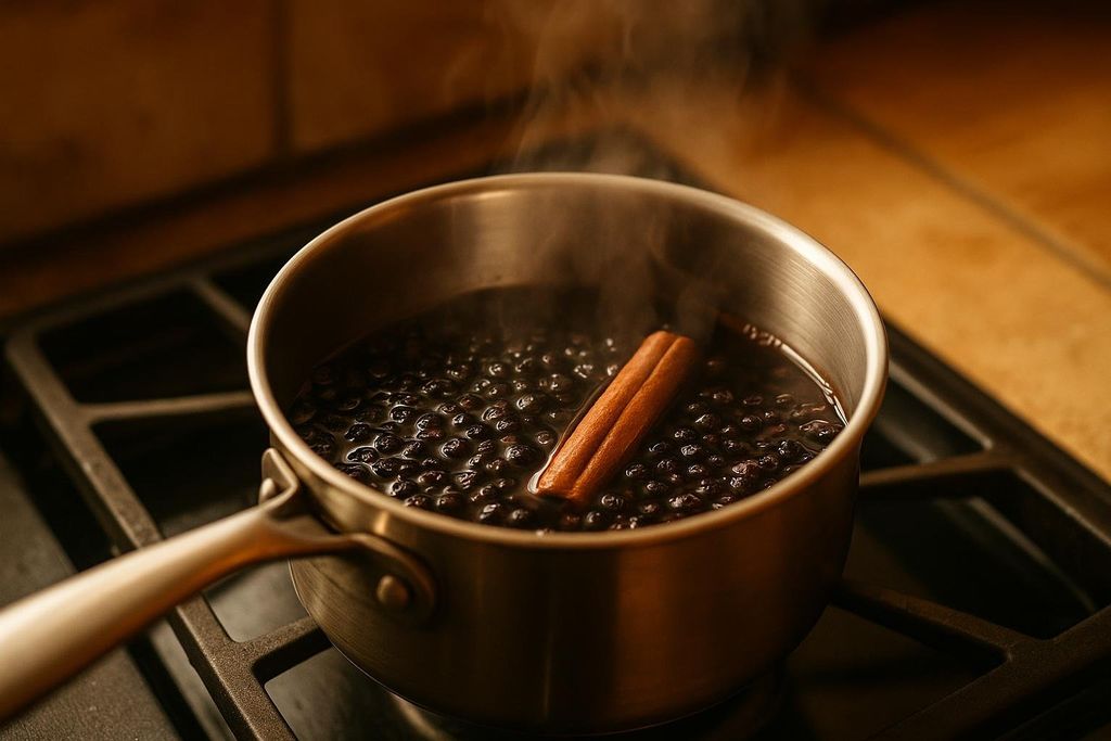 A small metal pot on a black gas stove, simmering a dark liquid with dried elderberries and a whole cinnamon stick. Steam rises from the pot.