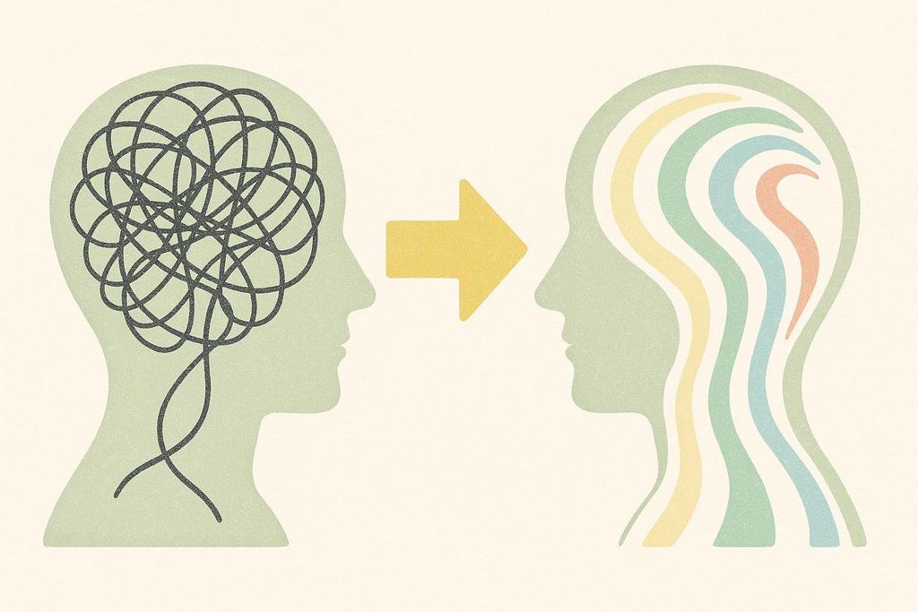 An abstract illustration depicting two head silhouettes facing each other. The left head contains tangled, chaotic lines, while the right head contains clear, organized, colorful wavy lines. A yellow arrow points from the left head to the right head, symbolizing a transformation from disorganization to mental clarity.