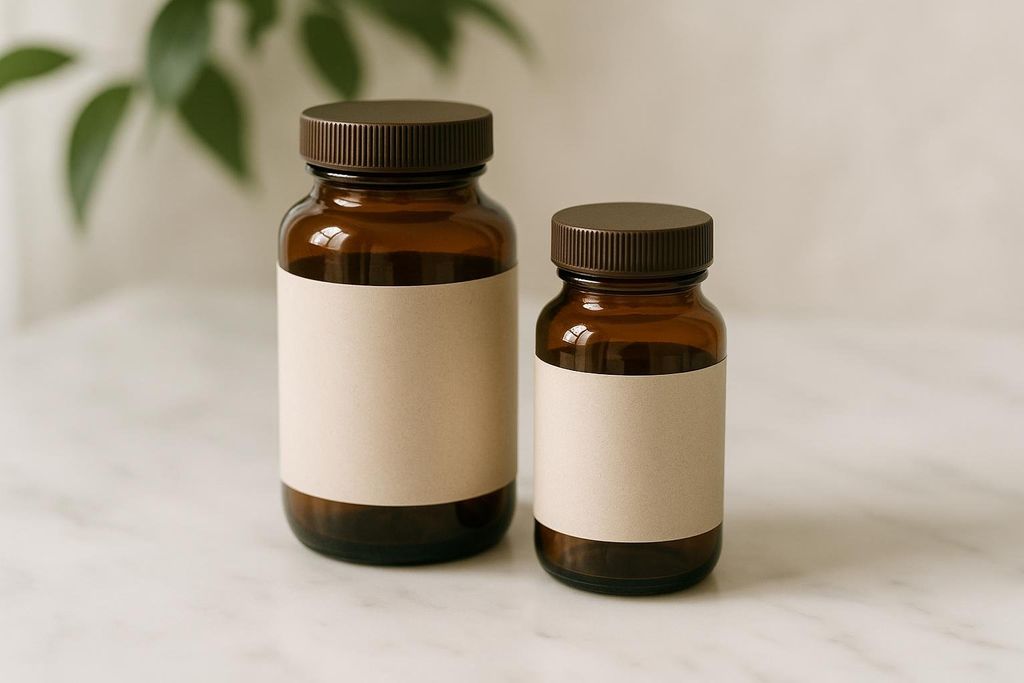 Two amber glass supplement bottles with blank labels and brown caps sit on a marble-patterned table. A green plant is visible in the soft-focus background.