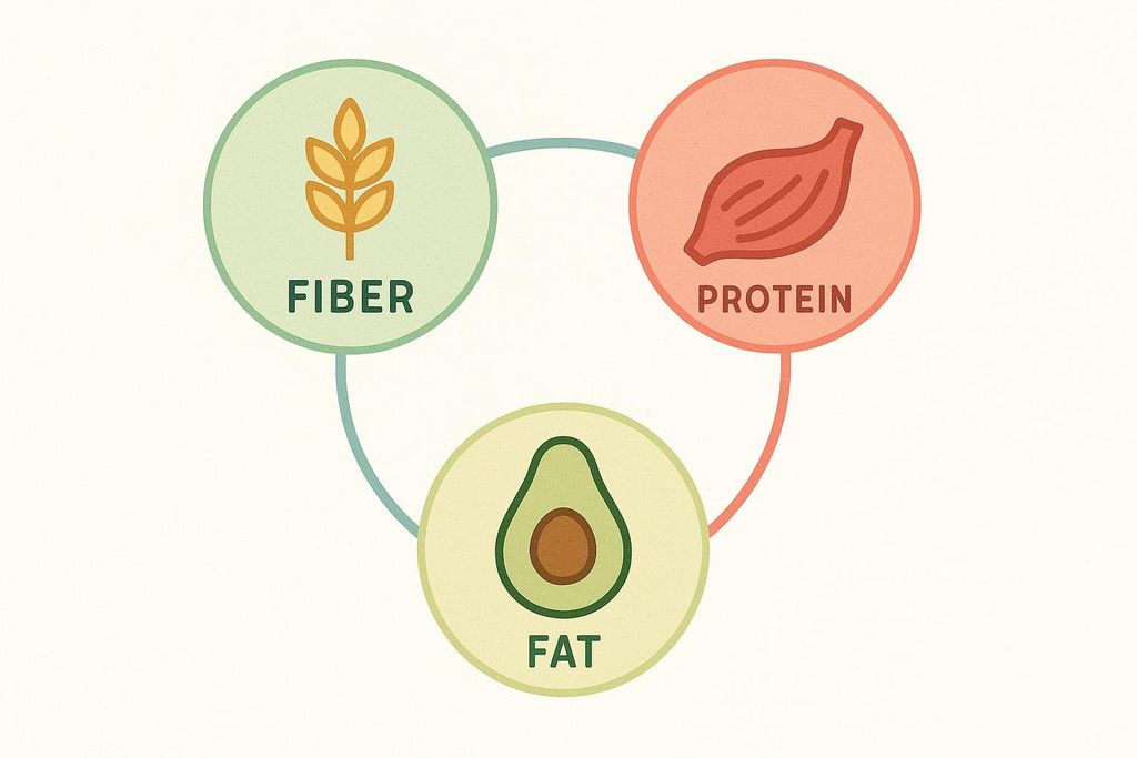 An illustration showing three interconnected circles, each representing a key nutritional component. The top left circle is green with a wheat stalk icon and the word 'FIBER'. The top right circle is coral with a muscle icon and the word 'PROTEIN'. The bottom circle is light green with an avocado icon and the word 'FAT'. Lines connect each circle to the other two, forming a triangular relationship.