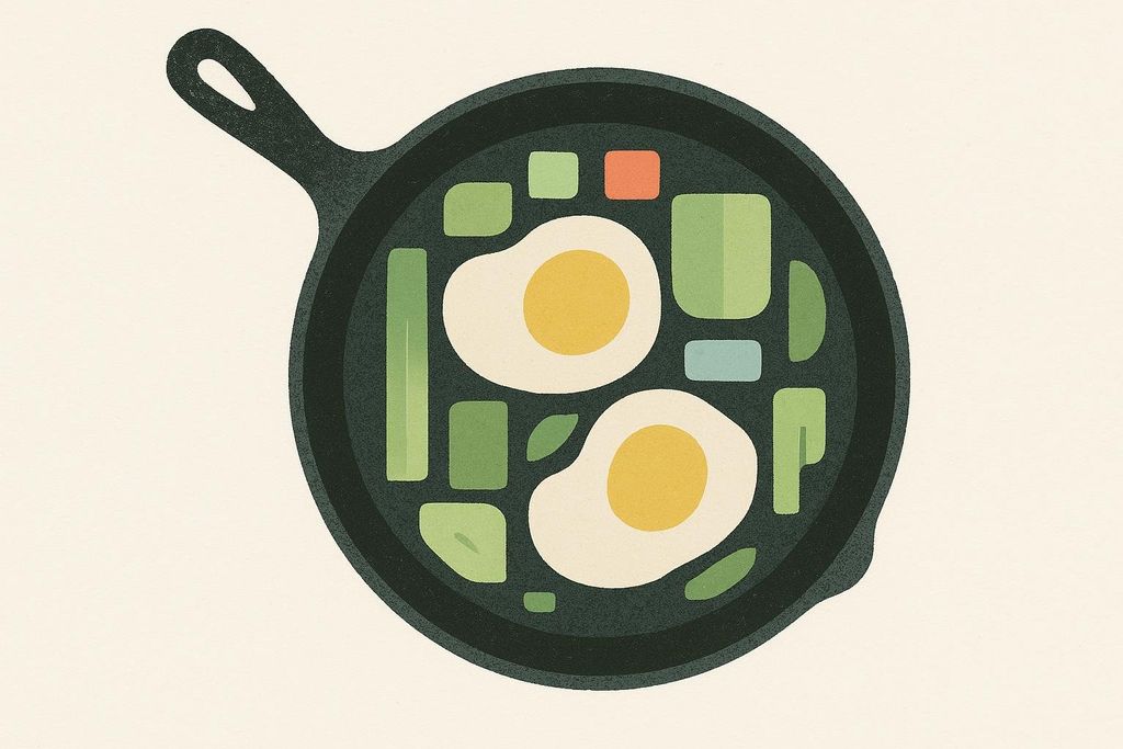 An abstract minimalist illustration of two sunny-side up eggs cooking in a black cast-iron skillet, surrounded by various green vegetables like avocado slices, and smaller red and light blue elements. The background is a light cream color.