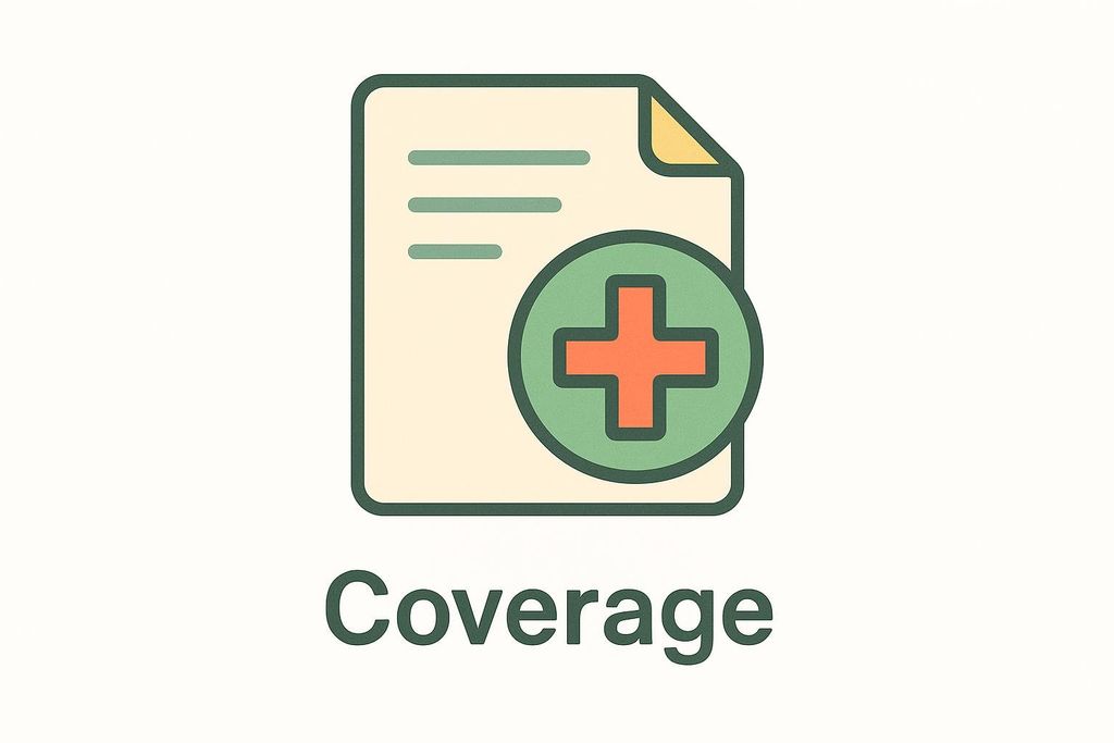 An icon representing medical insurance coverage. It features a document with lines and a folded corner, overlaid with a green circle containing an orange medical cross. Below the icon, the word 'Coverage' is written in dark green.