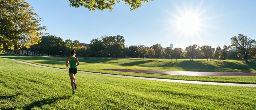 A woman in a green tank top and black shorts runs up a grassy hill beside a track on a sunny day.