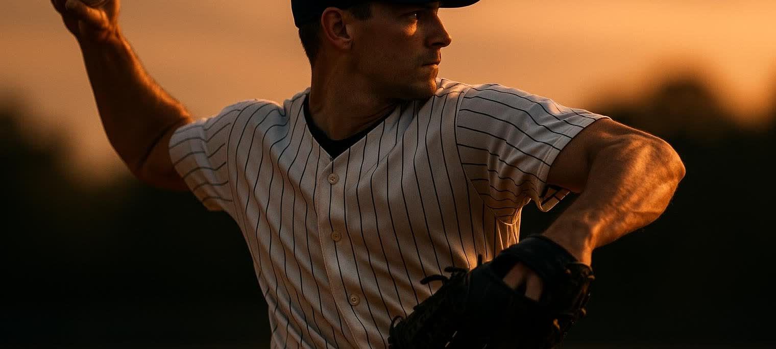A close-up of a male baseball pitcher in a pinstripe uniform, captured mid-throw with his right arm extended back, highlighting the muscular movement in his shoulder and bicep. The warm, golden light of sunset illuminates his face and arm against a dark, blurred background.