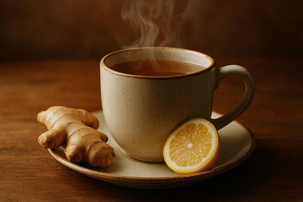 A steaming mug of ginger tea sits on a saucer with a piece of ginger root and a lemon slice next to it.