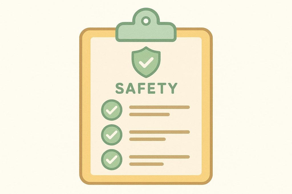 An illustration of a clipboard with a checklist. The top of the form has a shield icon with a checkmark and the word 'SAFETY' below it. Three lines of text, each with a checkmark, represent completed safety items.