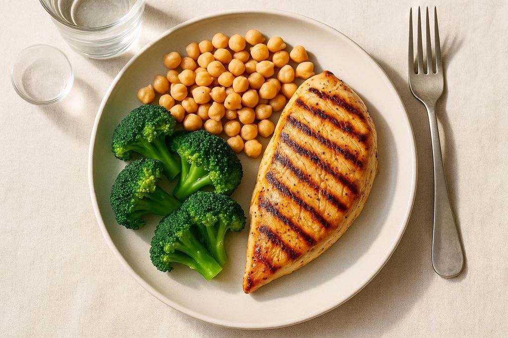 A beige plate holds a grilled chicken breast with char marks, four pieces of steamed broccoli florets, and a pile of chickpeas, with a glass of water and a fork next to the plate on a light-colored tablecloth.