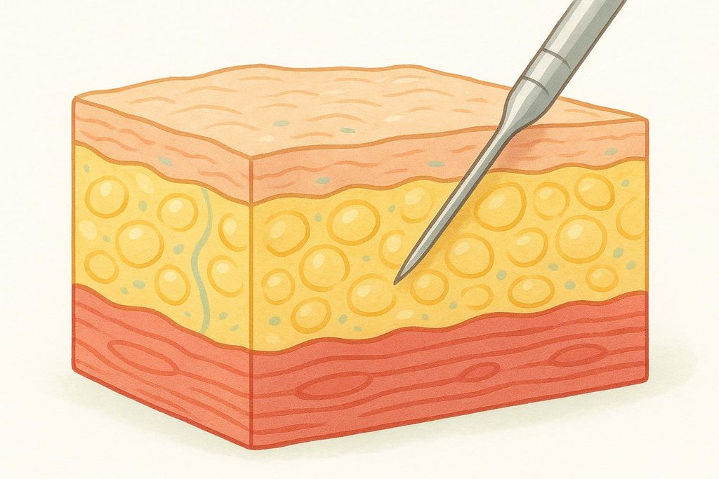 Diagram showing a needle injecting into the subcutaneous fat layer above the muscle