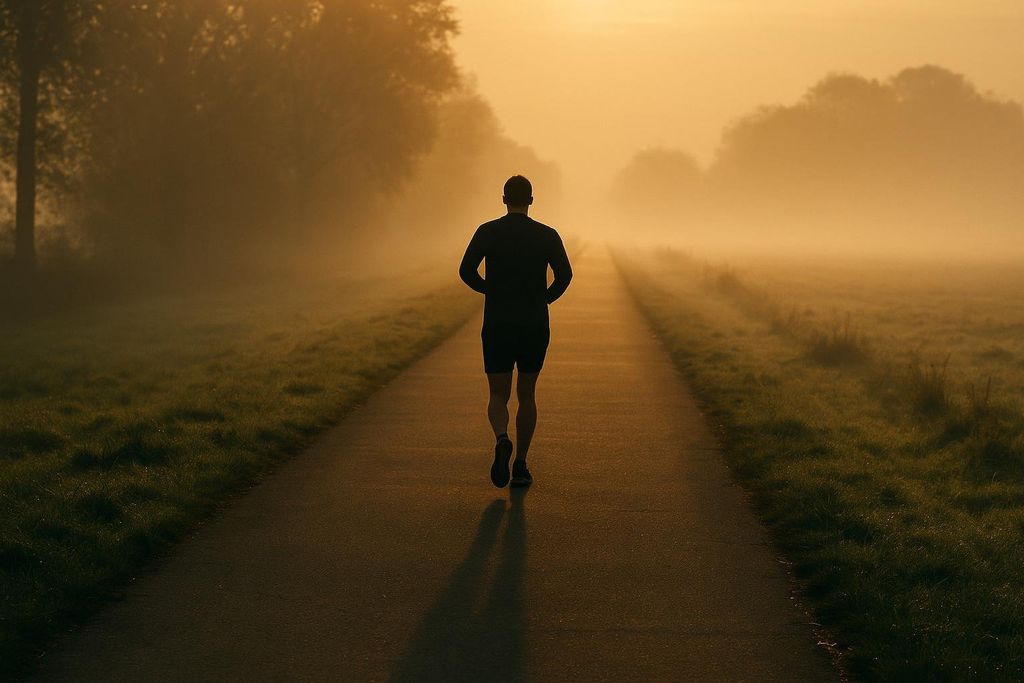 A silhouetted person runs on a narrow, paved path in a foggy, golden landscape during sunrise. The path stretches into the distance, flanked by grassy fields and some trees barely visible through the mist.