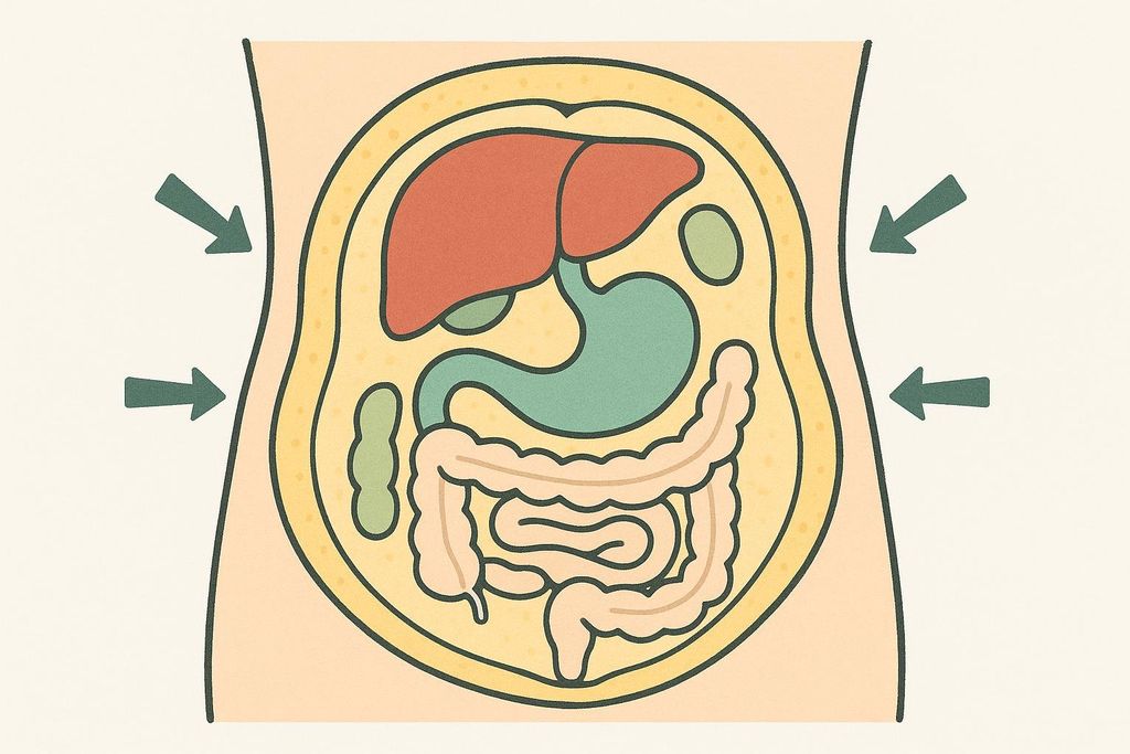 An illustration of a torso cross-section showing the reduction of visceral fat around the organs (liver, stomach, intestines), indicated by four green arrows pointing inwards towards the core from the sides.