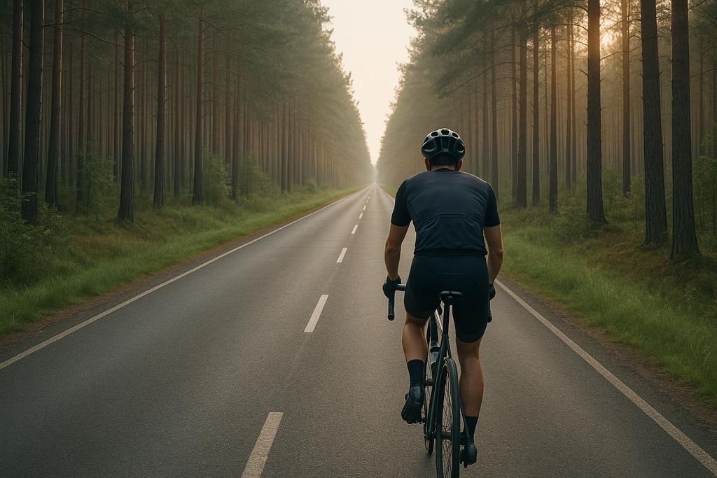 A cyclist, viewed from behind, riding down a long, straight road flanked by tall pine trees on a misty morning. The sun shines softly through the trees in the distance.