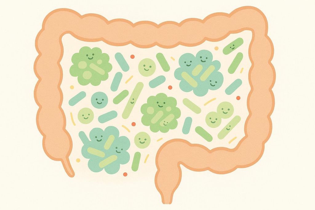 Stylized illustration showing a healthy gut microbiome. The image depicts playful green and blue microbes with smiling faces inside the large intestine, representing beneficial bacteria.