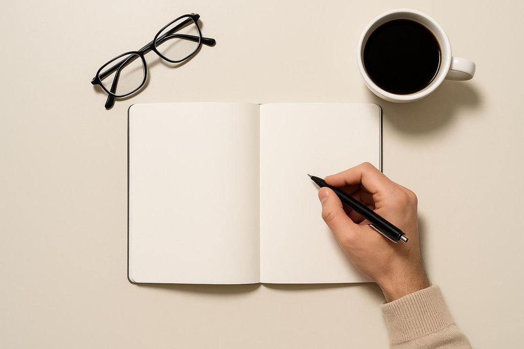 Overhead shot of a person's hand holding a pen over an open, blank notebook. To the left are black-framed glasses, and above the notebook is a white mug filled with black coffee. The background is a light beige surface.
