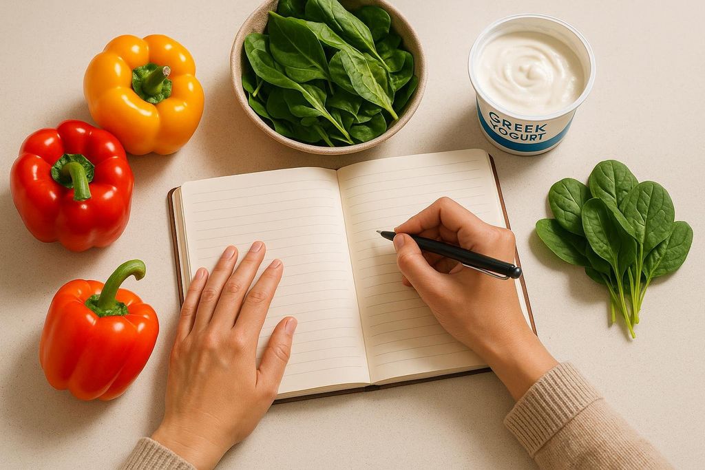 A person planning meals in a journal surrounded by fresh, healthy ingredients on a kitchen counter, including red and yellow bell peppers, spinach, and Greek yogurt.
