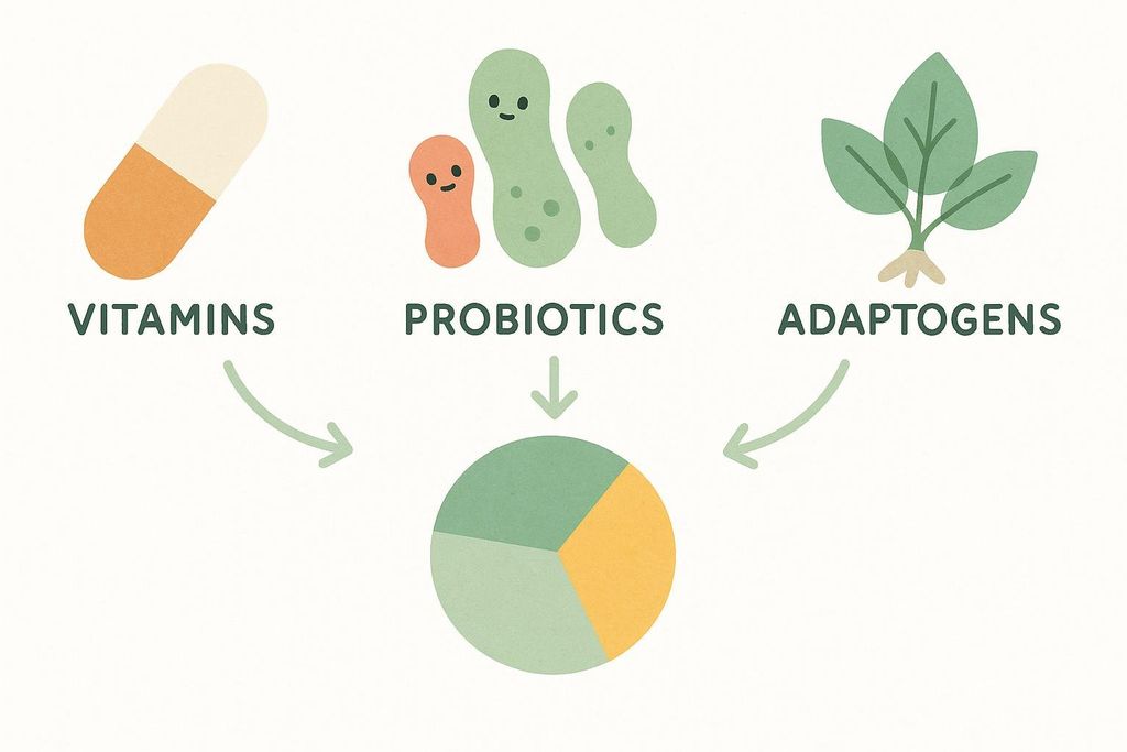 Diagram illustrating how vitamins, probiotics, and adaptogens combine into an all-in-one supplement, represented by a pie chart.