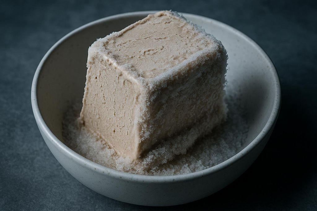 A close-up shot of a hard, square block of freezer-burned protein ice cream in a light-colored bowl, covered in ice crystals.