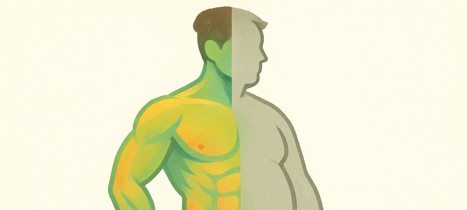 Stylized illustration of a man's silhouette split vertically; the left half is muscular and healthy in green and yellow, while the right half is a softer, dad bod build in muted grey, representing body transformation or balance.
