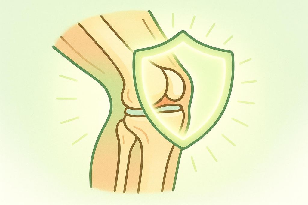 Illustration of a knee joint protected by a glowing green shield, symbolizing joint-friendly or low-impact exercises and overall knee health.