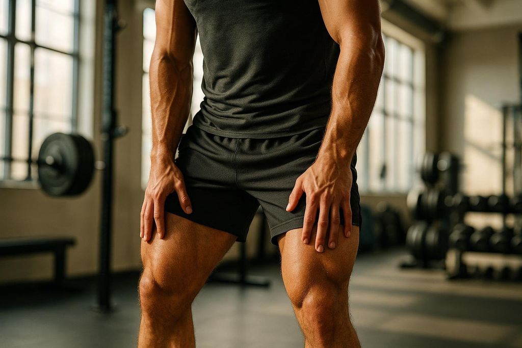 A muscular man in athletic wear, seen from the torso down, takes a rest in a gym with his hands on his thighs. Sunlight streams in through large windows in the background.