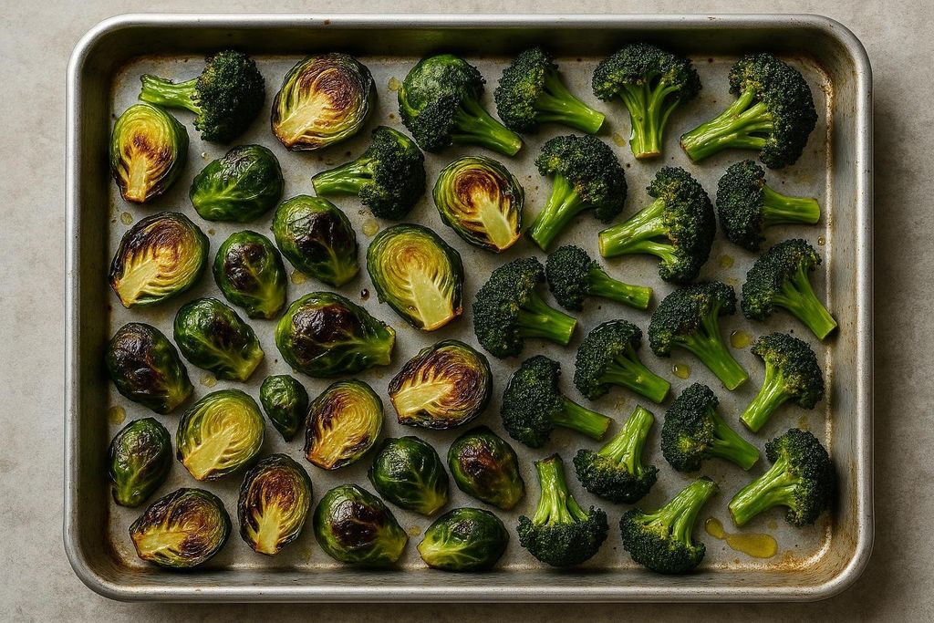 Overhead view of roasted Brussels sprouts and broccoli florets arranged neatly on a metal baking sheet. Some Brussels sprouts are halved, showing their inner golden-yellow flesh, while others are whole. The vegetables appear lightly charred and glistened with oil.
