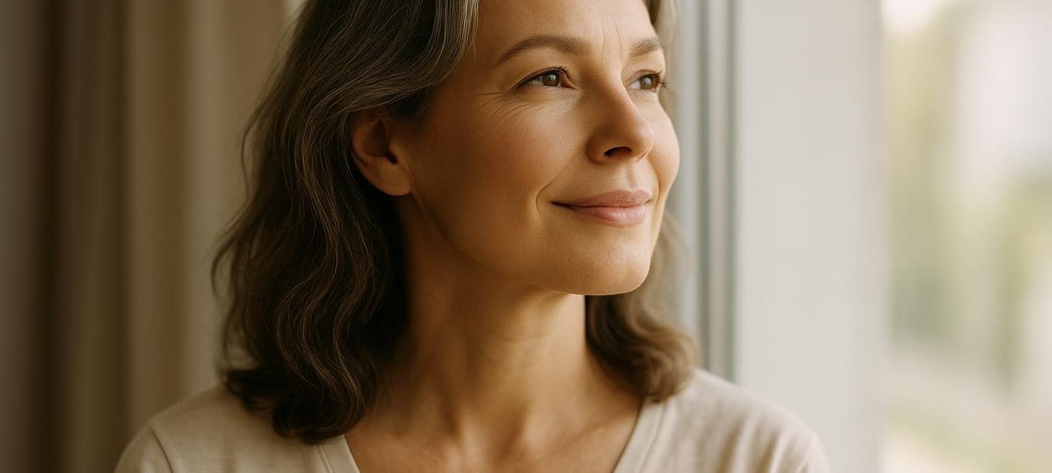 A woman in her late 40s with graying hair looks peacefully out a window, representing a calm and informed approach to perimenopause. She has a subtle, contented smile.