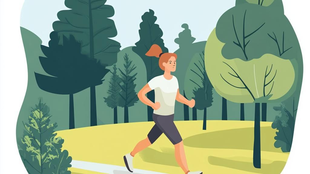 Illustration of a woman with a ponytail running or jogging on a path through a green park with trees and clear sky.