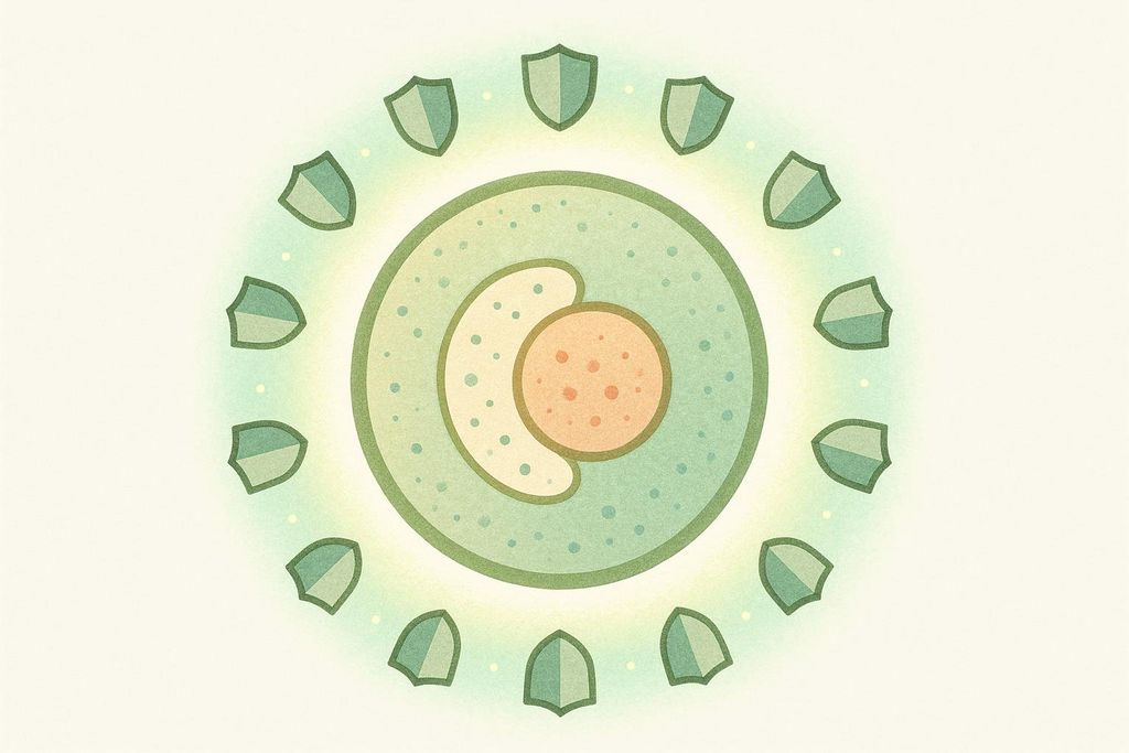 An illustration of a circular cell, with an inner orange nucleus and an outer green cell body containing speckles. Surrounding the cell in a protective ring are numerous abstract green shields, suggesting defense against oxidative stress.