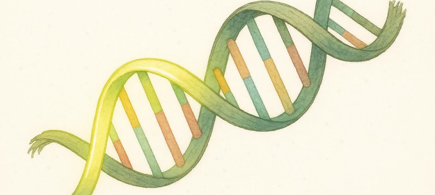 A stylized illustration of a DNA double helix, with some segments appearing healthy and intact, while others are frayed or damaged, symbolizing biological aging.
