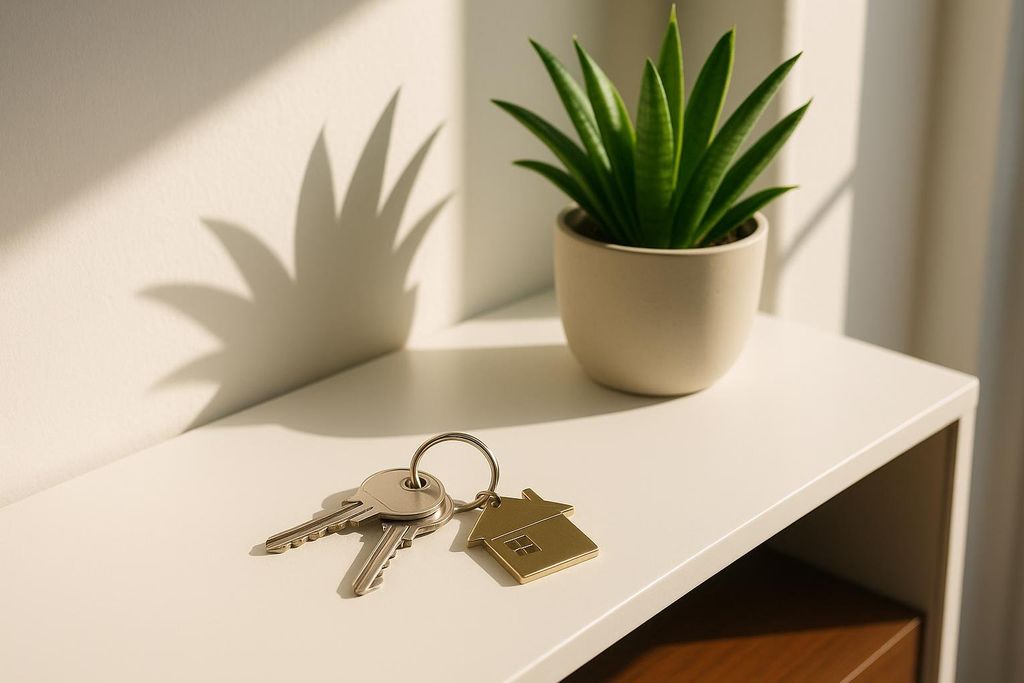 Set of house keys resting on a sunny console table