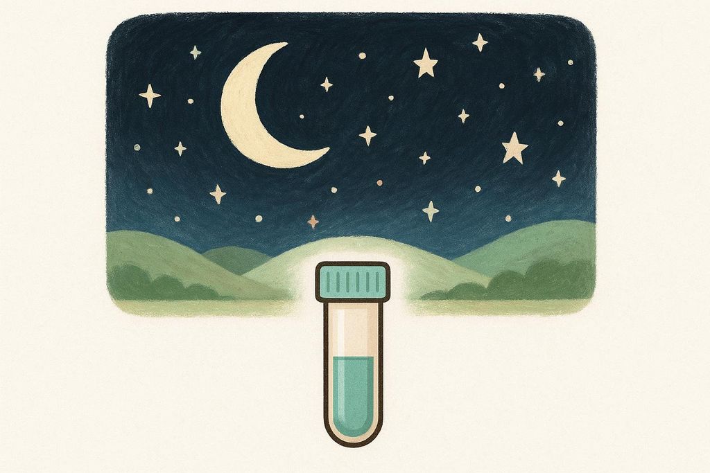 An illustration of a saliva collection tube with a blue-green liquid inside, centered under a dark blue night sky with a crescent moon and many stars, and green rolling hills in the background. This image symbolizes late-night collection for a cortisol test.