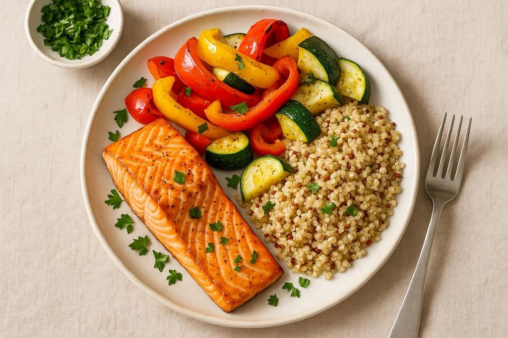 A plate of grilled salmon with roasted yellow and red bell peppers, zucchini, and a side of quinoa, garnished with chopped parsley. A small bowl of parsley is in the background.