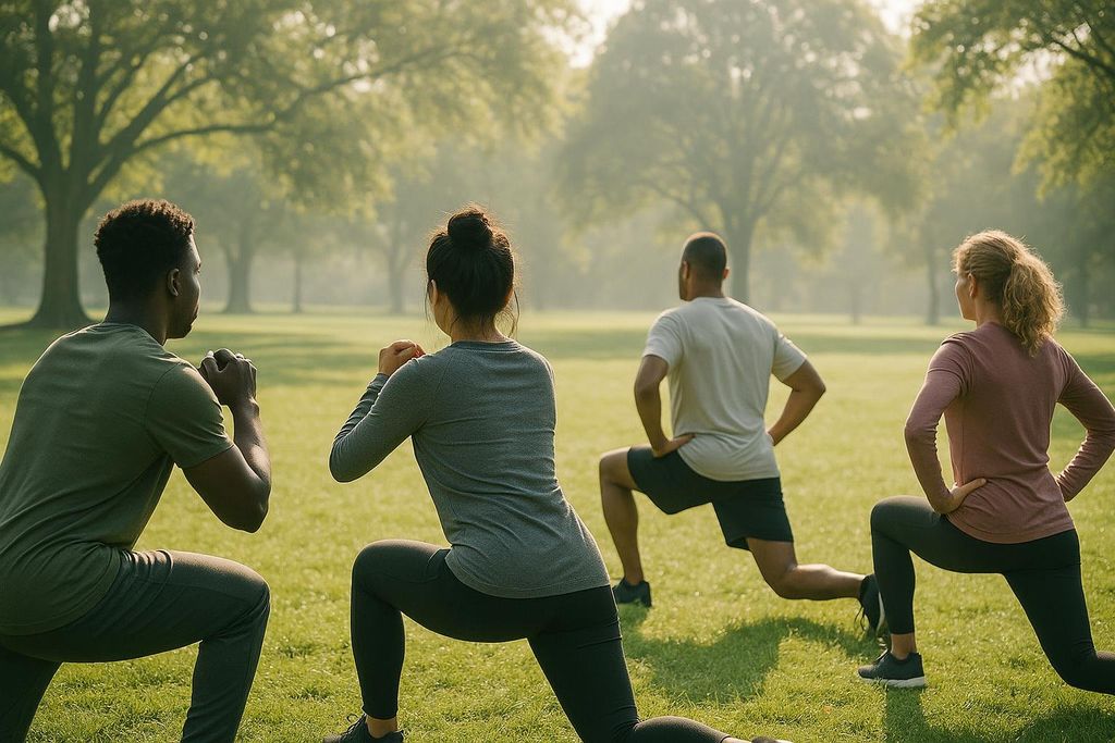 Four people shown from behind, performing lunges in a grassy park. The sun is low, creating long shadows.
