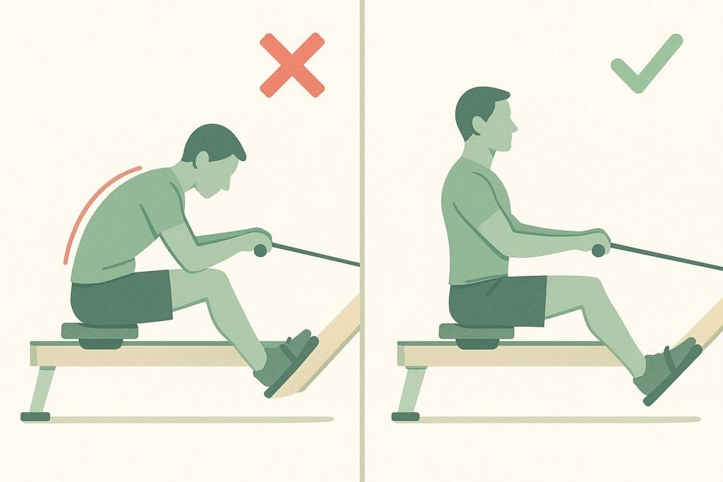An illustration comparing incorrect rowing posture with a hunched back (left, marked with an X) versus correct rowing posture with a neutral spine (right, marked with a checkmark).