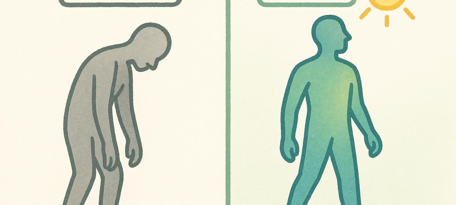 A split-panel illustration showing a transformation from a tired, grey figure to an energetic, colorful one, with the energetic figure bathed in sunlight.
