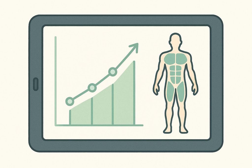 An illustration of a tablet displaying a line graph with an upward trend and bar graphs, alongside a human figure with shaded areas indicating muscle or body composition, representing objective recovery tracking.