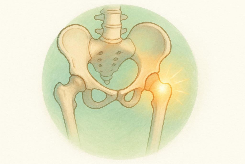 An illustration of a human hip and pelvic bone structure. The right hip joint is glowing with a bright yellow light, indicating flexibility and relief from pain.