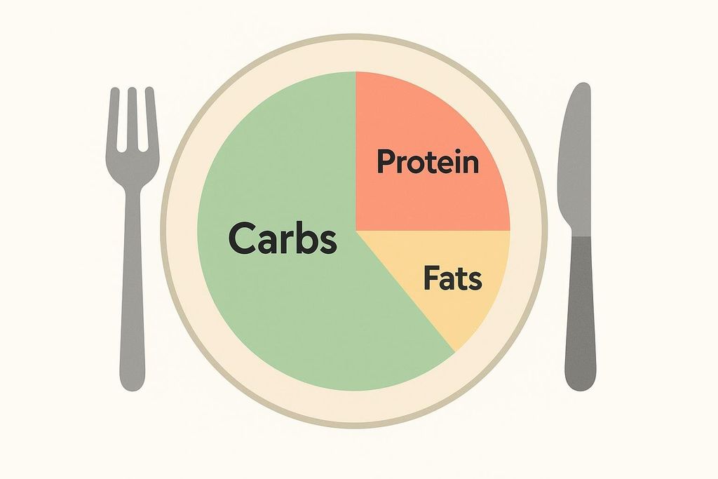 A pie chart on a dinner plate, with a fork and knife on either side. The pie chart is divided into three sections: 'Carbs' (green, about 50%), 'Protein' (orange, about 30%), and 'Fats' (yellow, about 20%).