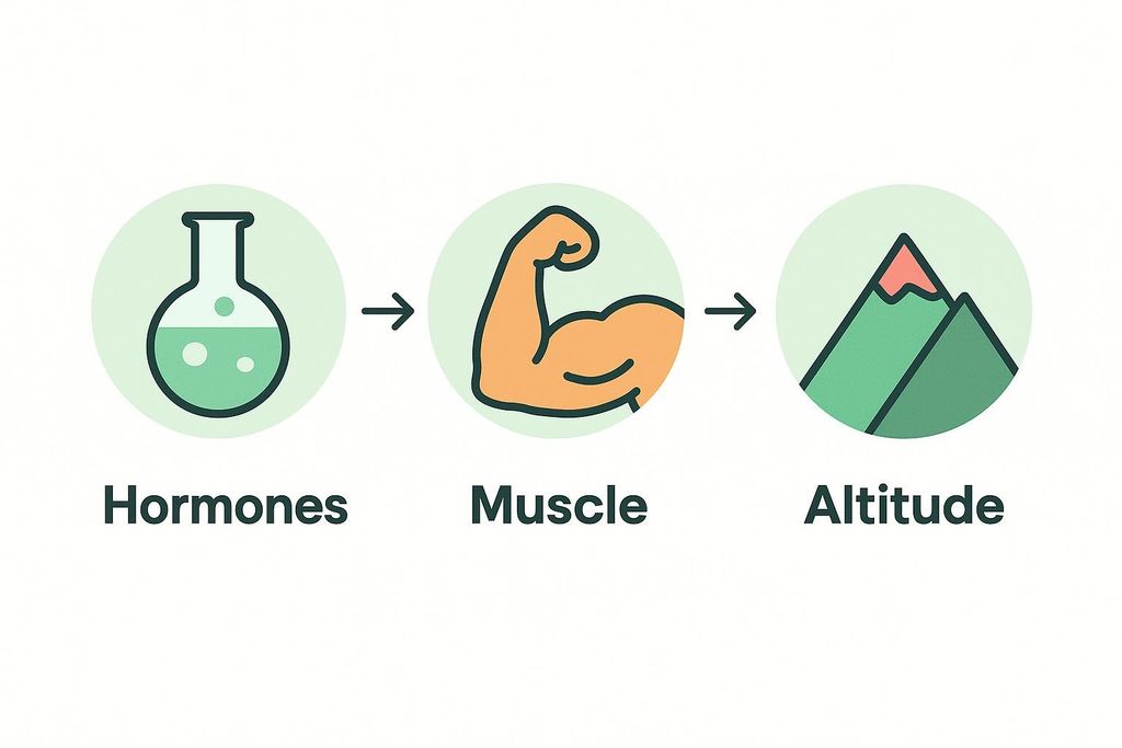 A diagram illustrating a sequence of health benefits. The first icon is a flask representing Hormones, pointing to the second icon which is a flexing arm representing Muscle, which then points to the third icon, a mountain representing Altitude.