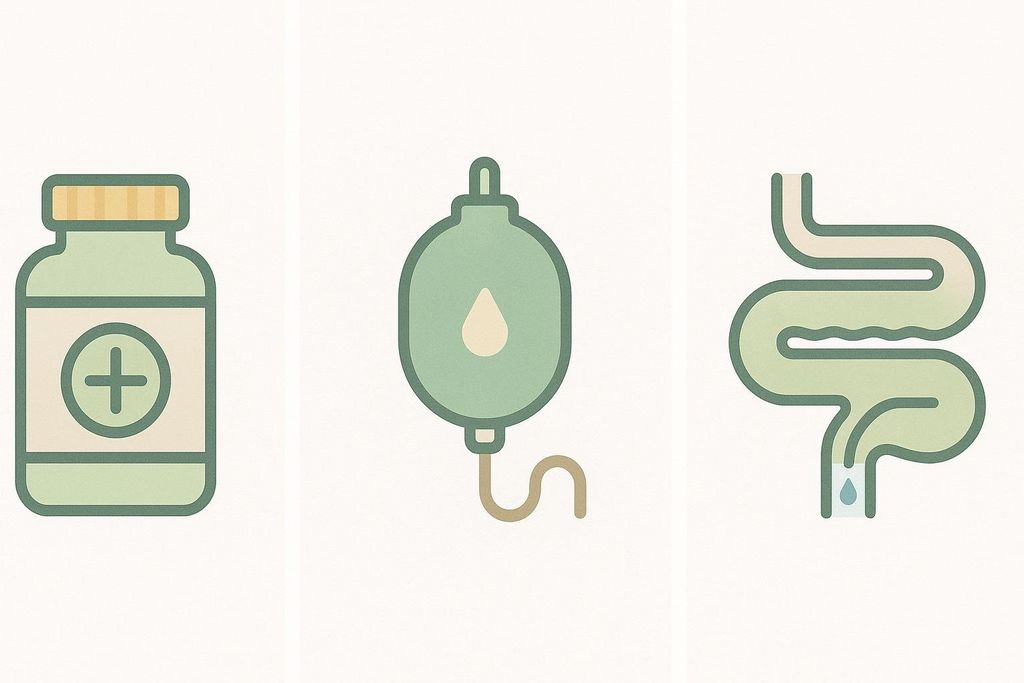 Icons illustrating three types of colon cleanses: a pill bottle for oral supplements, a hanging bag and tube for an enema, and an intestinal tract with a dripping fluid for colonic irrigation.