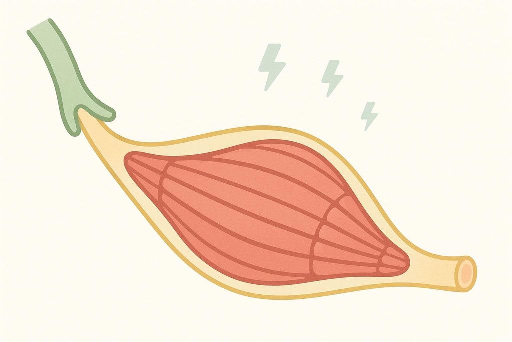 An illustration of a muscle fiber with a nerve ending stimulating it. Fading light blue lightning bolt icons represent neural signals.