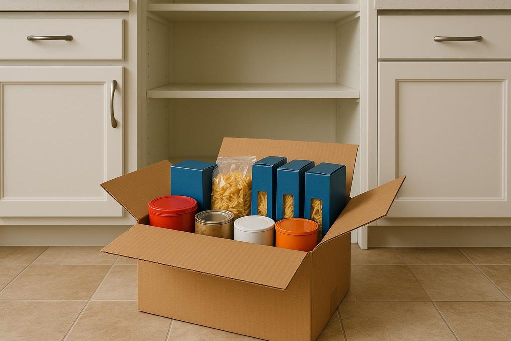 A cardboard box filled with various pantry items like pasta, cans, and blue boxes, sitting on a tiled kitchen floor in front of white cabinets with open shelves.